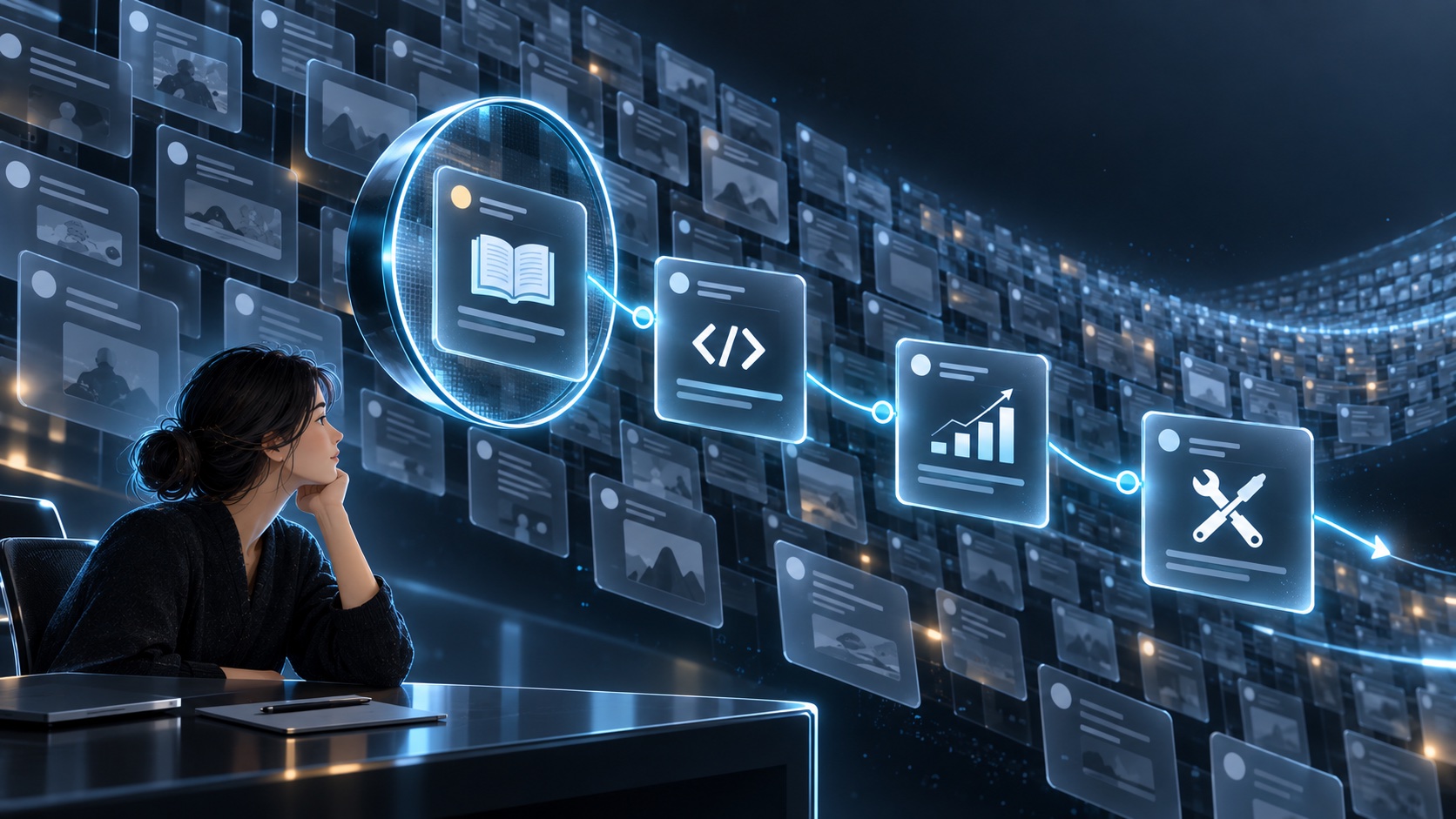 A reader follows a thread of useful tutorials, open-source projects, reviews, and applications through a digital information stream.