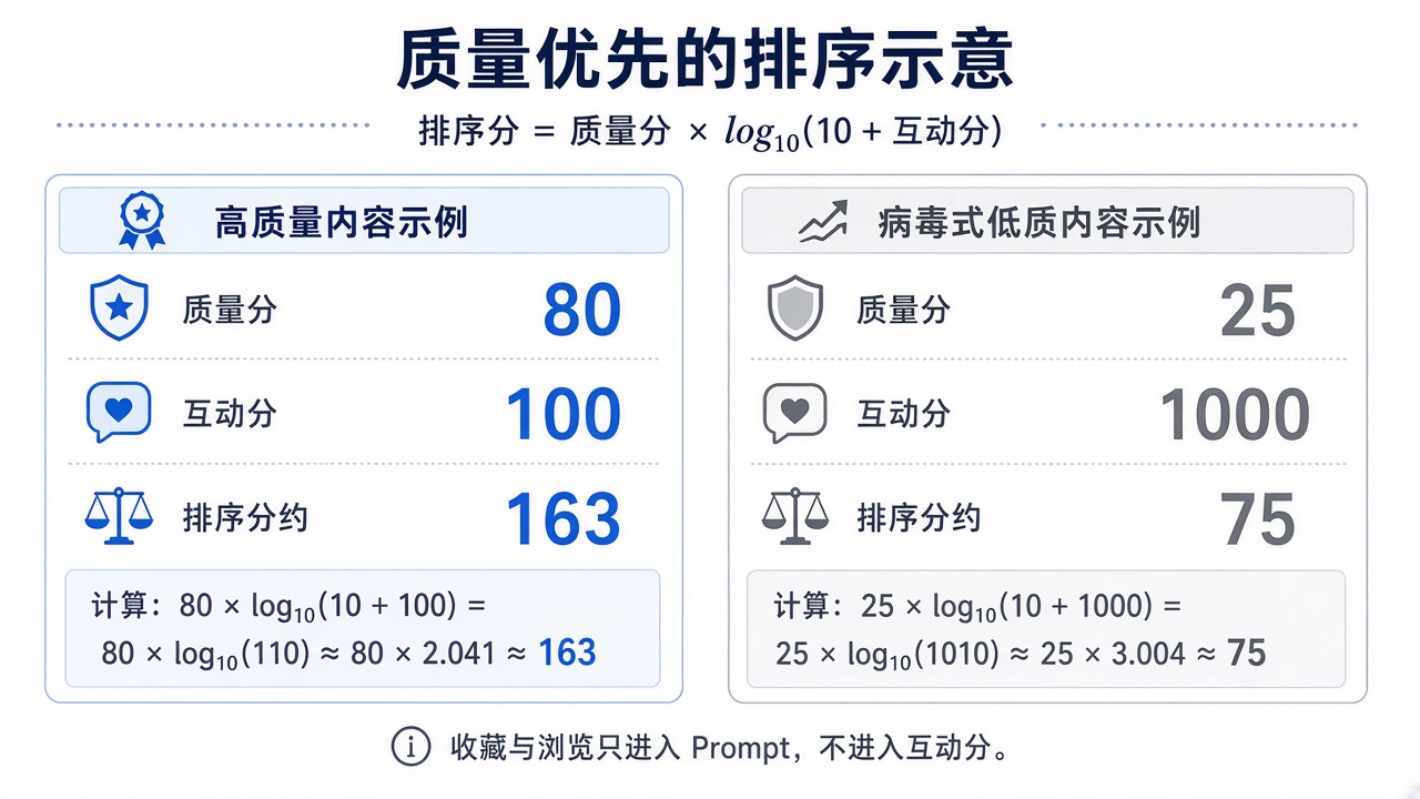 假设示例：质量分 80、互动分 100 的内容，排序分约 163；质量分 25、互动分 1000 的内容，排序分约 75。